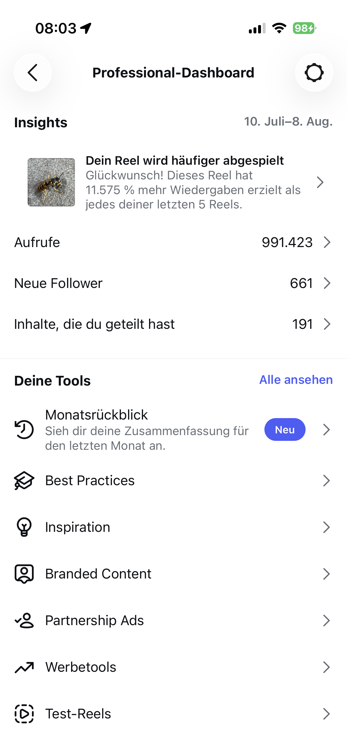 Professional Dashboard: 991.423 Aufrufe, 661 Neue Follower, 191 Inhalte geteilt