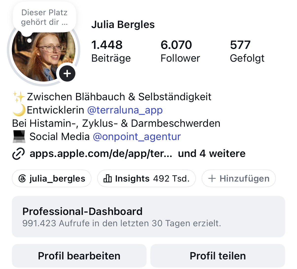 Instagram-Profil Julia Bergles: 1.448 Beiträge, 6.070 Follower, 577 Gefolgt